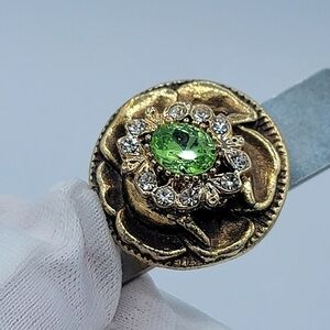 Vintage Button Brooch Goldtone Green Crystal Magnet #665
